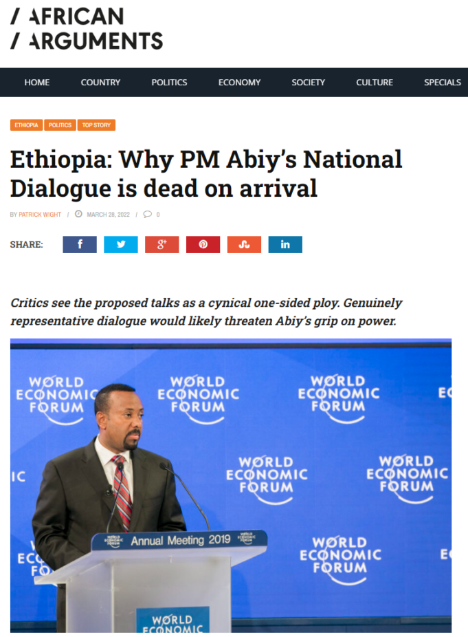 የአብይ ቡድን ለማካሄድ ያቀደውን ሃገራዊ ምክክር ገና ከጅምሩ ሞቷል ሲል የአፍሪካን አርጉመንትስ ገለፀ፡፡