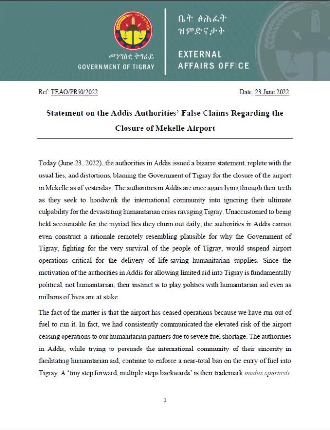 Statement on the Addis Authorities’ False Claims Regarding the Closure of Mekelle Airport 23 June 2022