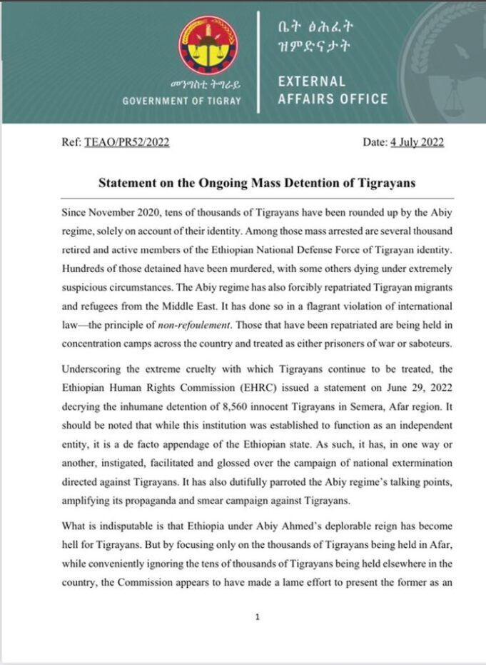 بيان مكتب شؤون العلاقات الخارجية لتقراي بشأن الإحتجازات المستمرة لأبناء تقراي