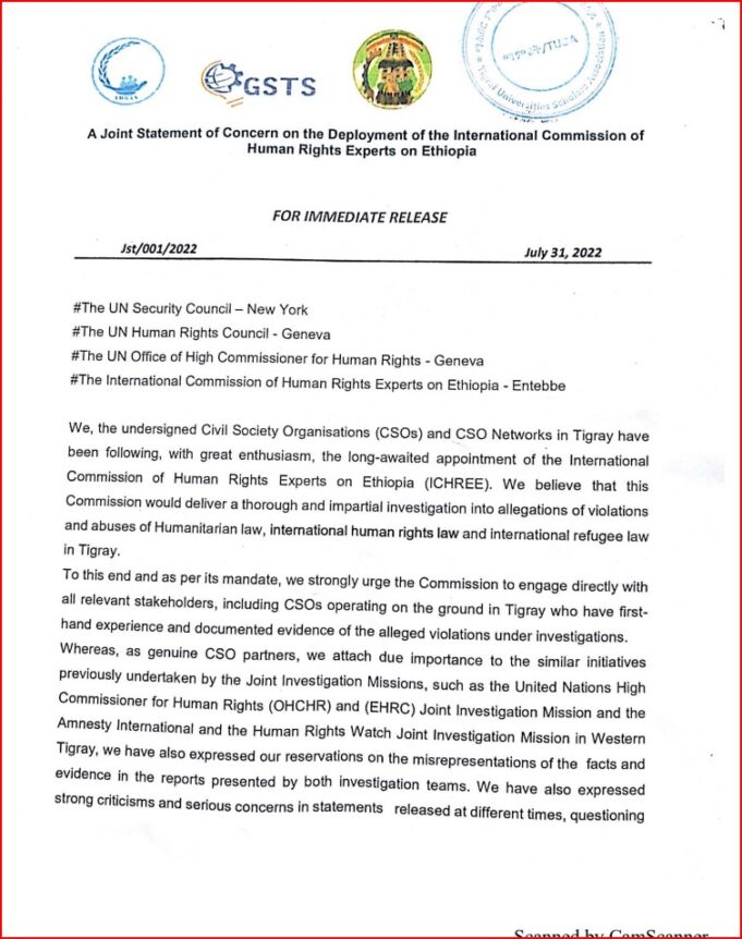 بيان مشترك لمؤسسات المجتمعات المدنية في تقراي بشأن اللجنة الدولية لخبراء حقوق الإنسان المعني بأثيوبيا