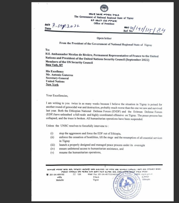 Letter from the President of Tigrai