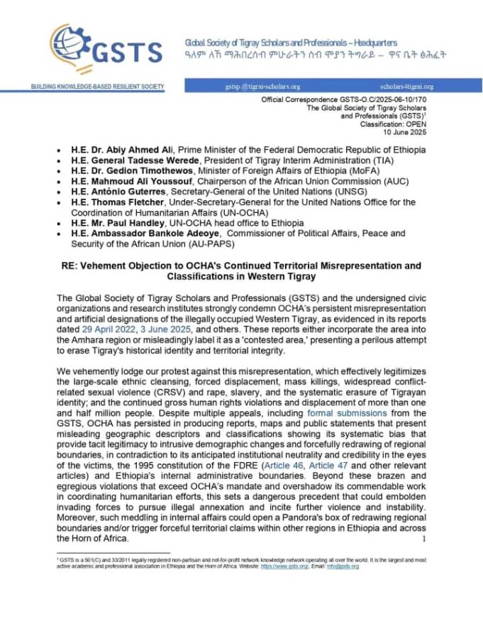 Tigrayan Coalition Slams OCHA: “Pernicious Attempt to Erase Identity” in Western Tigray